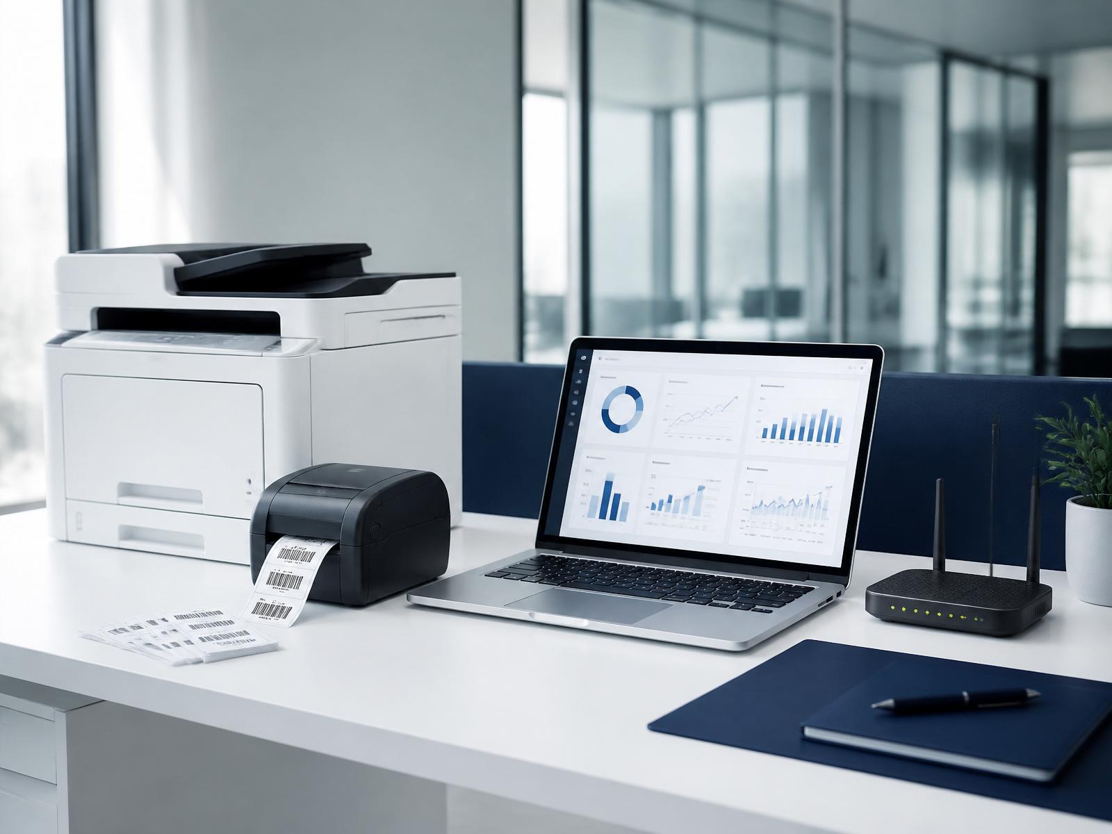 Modern office workspace with printers, barcode label printer, laptop and networking hardware